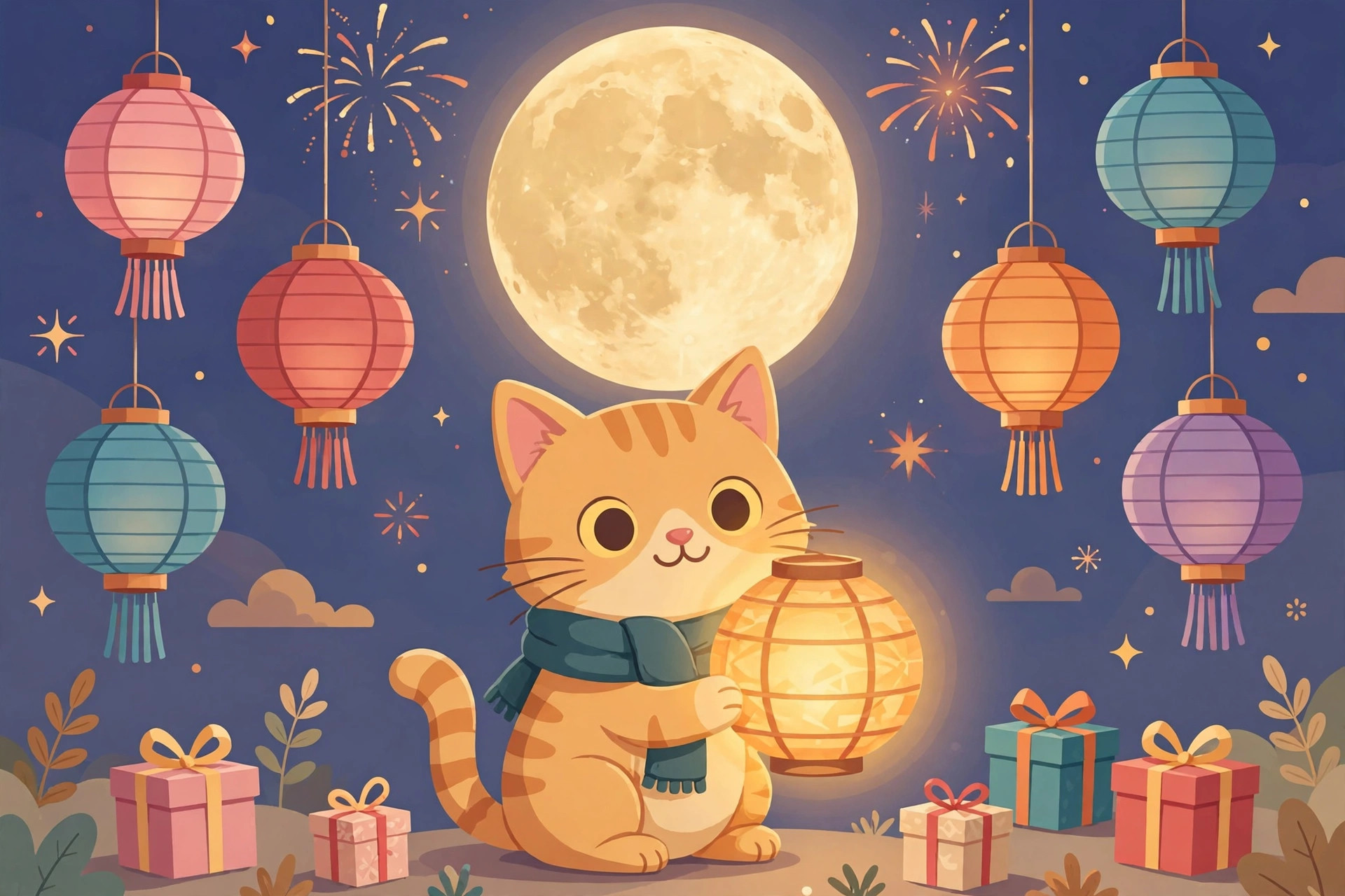 节日祝福表情包示意图：小猫提着灯笼站在满月与彩灯下