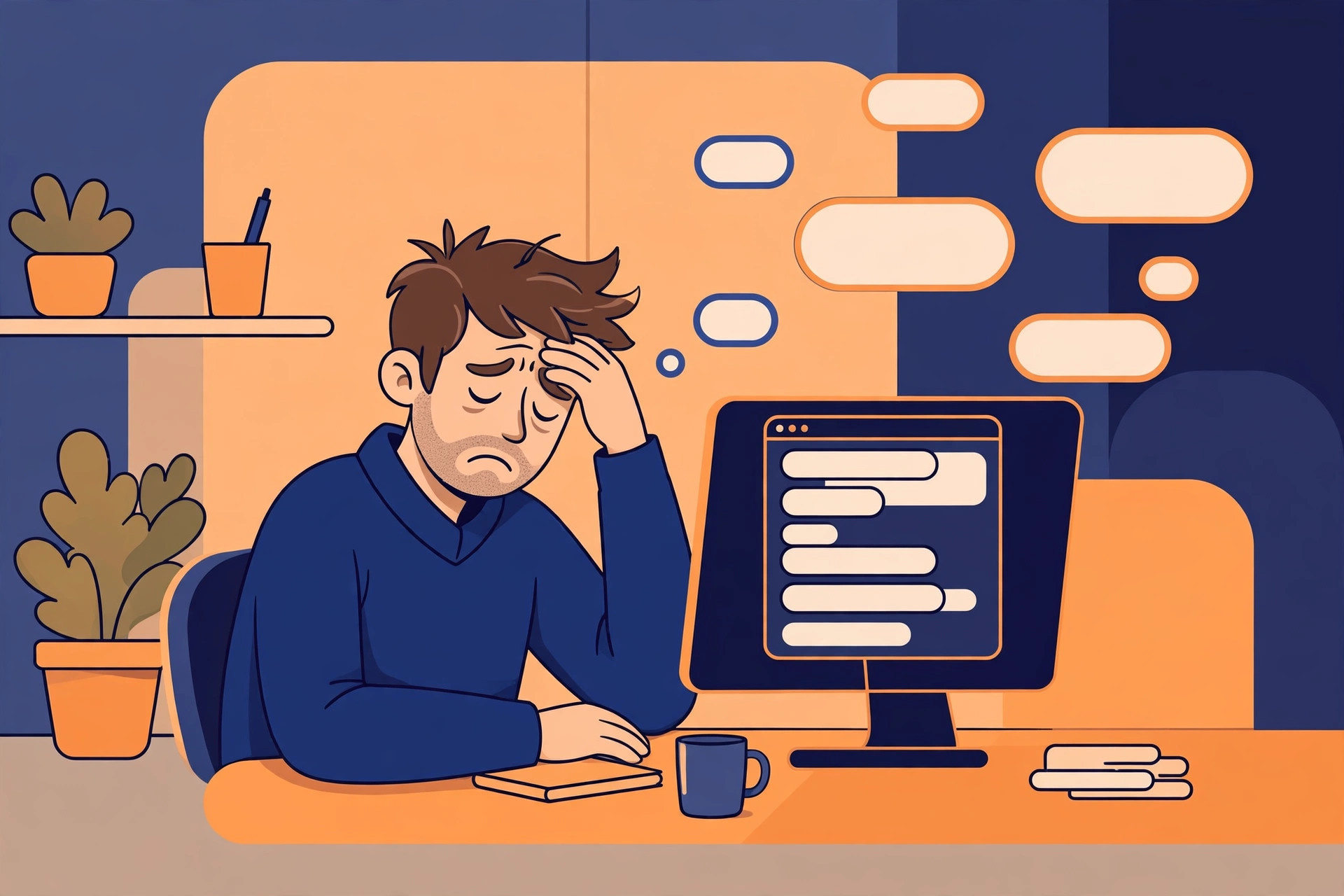 Illustration: an office worker at a desk worrying over a chat window, with chat bubbles floating nearby